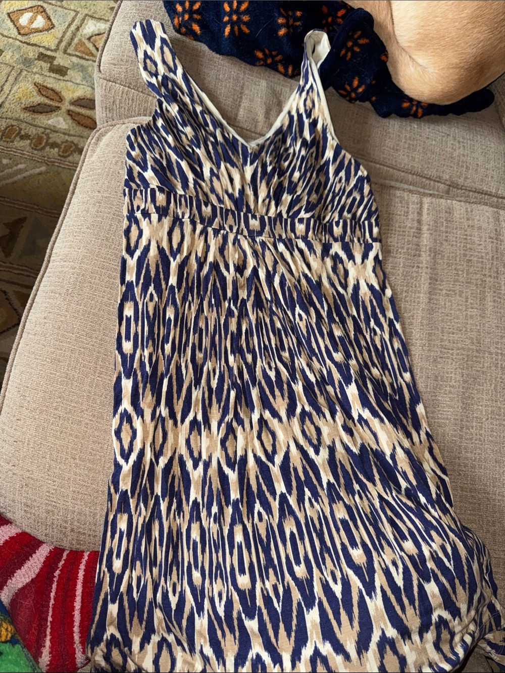 LOFT Navy and Cream Ikat-Pattern Sleeveless Dress